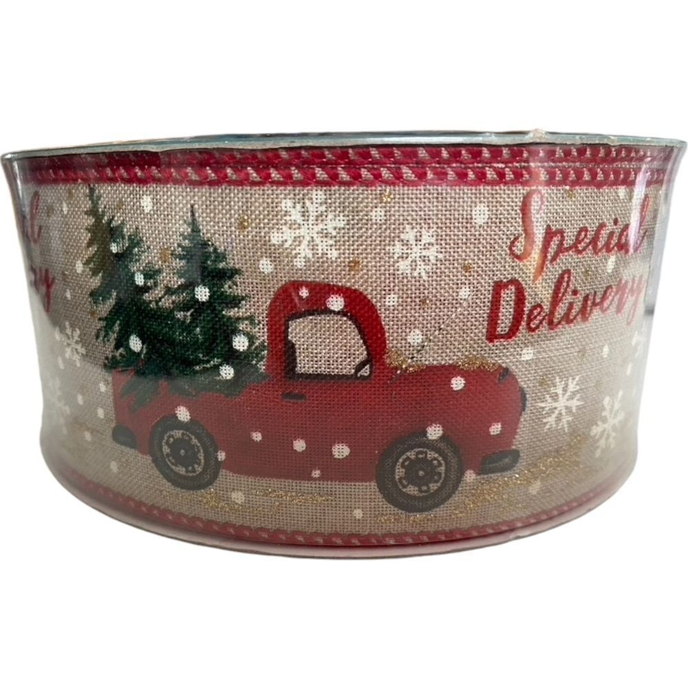 Red Truck Christmas Tree Presents 2.5 inch x 50 Yards, Premium Wired Ribbon New! - Picture 2 of 4
